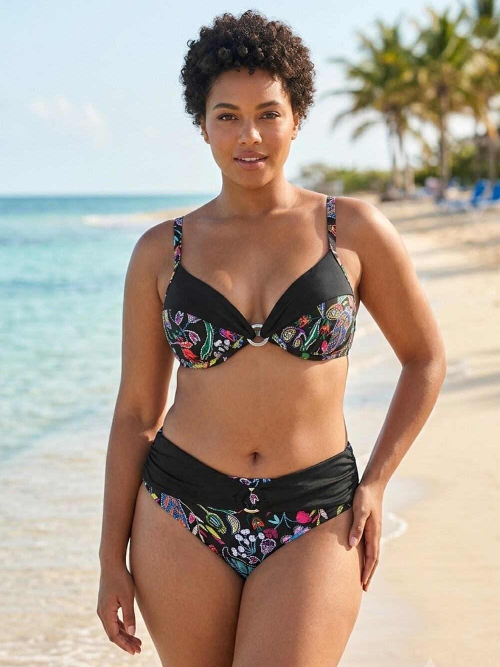 Venus Women's Size 16 Black Floral Draped Ring Underwire Bikini Swimsuit Set